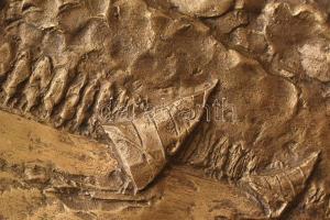 Szöllőssy Enikő (1939-): Balaton Tihanynál hullámlovasokkal. Bronz relief, fa hordozón, jelzés nélkü...