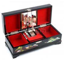 Keleti stílusú lakkozott fa ékszeres doboz zenélő táncos szerkezettel Gyöngyház berakással, kézzel f...