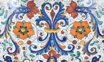 Deruta mázas kerámia gyümölcsös tál. Kézzel festett, jelzett, kevés kopással. 40x30 cm