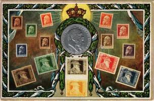 Prinzregent Luitpold von Bayern / Luitpold bajor királyi herceg. Dombornyomott érme és bélyegek / Luitpold, Prince Regent of Bavaria. Embossed coin and stamps.Ottmar Zieher No. 149. Art Nouveau