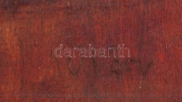 Kunffy jelzéssel: Női akt. Olaj, falemez, jelzett, sérült, 28×57 cm.. Dekoratív, sérült fakeretben, ...