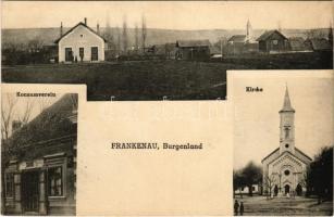 1927 Frankó, Frankenau; vasútállomás, templom, üzlet / Bahnhof, Kirche, Konsumverein / railway station, church, shop
