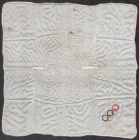1928 IX. Olympiad 1928 St. Moritz Amsterdam feliratú és olimpiai öt karikás hímzésű selyem zsebkendő, hajtásnyomokkal, foltos, kis lyukkal, 21x21 cm