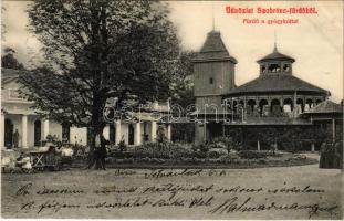 1909 Szobráncfürdő, Kúpele Sobrance; Fürdő és gyógykút. Ignáczy Géza fényképész kiadása és reklámja / spa, mineral water spring well