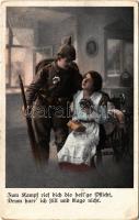1916 Zum Kampf rief dich die heilge Pflicht, Drum harr ich still und klage nicht / WWI German military art postcard, soldiers farewell (ázott / wet damage)
