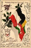 1916 Maikäfer fliege von Sieg zu Siege. Nur Eintracht siegt / WWI German and Austro-Hungarian K.u.K. military art postcard, Viribus Unitis propaganda with Central Powers flags. litho + "K.u.K. bosn.-hercegov. Infanterieregiment Nr. 1. 1. Feldbataillon" (EK)