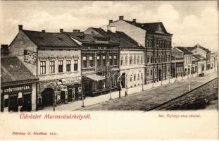 Marosvásárhely, Targu Mures; Szt. György utca, gyógyszertár, Riha Ferenc bútor nagy raktára, Méder szálloda. Petróczy G. kiadása / street, pharmacy, shops, hotel