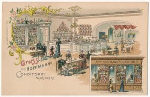 Mariánské Lázne, Marienbad; Gruss aus Adolf Hoffmann&#039;s Conditorei. G. Schwaab / confectionery, pastry shop interior. Art Nouveau, floral, litho