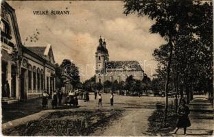 1922 Nagysurány, Velké Surany; Fő tér, templom, Weisz Izidor üzlete / main square, church, shops (EB)