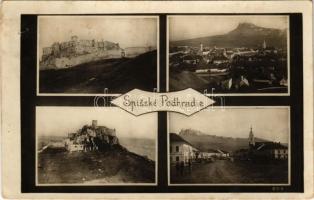 1930 Szepesváralja, Spisské Podhradie; Szepesi vár romjai, Fő tér, piac. Emerich Schustek kiadása / Spissky hrad / castle ruins, main square, market (lyukak / pinholes)