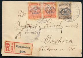 1919 Orosházán feladott helyi ajánlott levél 8 db debreceni bélyeggel / Registered local cover with 8 stamps. Signed: Bodor