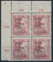 Kolozsvár 1919 Hadisegély 40f négyestömb távol álló I betű lemezhibával / with plate variety. Signed: Bodor (rozsda / stain)