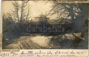 1903 Zilah, Zalau; Zsibai Wesselényi kastély télen. Seres Samu kiadása / castle in winter. photo (fl)
