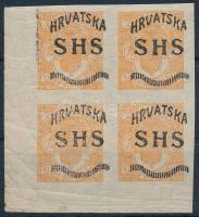 SHS 1918 Hírlapbélyeg ívsarki négyestömb fordított felülnyomással (foltok, ráncok, törések) / corner block of 4 with inverted overprint. Signed: Bodor (spots, creases, folds)