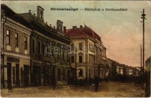 1918 Máramarossziget, Sighetu Marmatiei; Rákóczi út, Törvényszék, üzletek. Vasúti levelezőlapárusítás 5891. / street view, court, shops (fa)