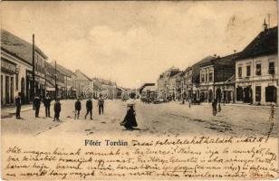 1907 Torda, Turda; Fő tér, Miron Kajetán, Ifj. Balla Miklós, Polonyi Sándor és Juhász Mihály üzlete / main square, shops (EK)
