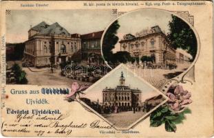 1902 Újvidék, Novi Sad; színház, M. kir. posta és távirda hivatal, Városház / theatre, post and telegraph office, town hall. Art Nouveau, floral (Rb)