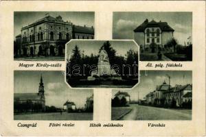 1947 Csongrád, Magyar Király szálloda, Állami polgári fiúiskola, Főtéri részlet, Hősök emlékműve, Városháza. Untermüller kiadása (EK)