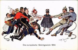 Das europäische Gleichgewicht 1914 / Az európai egyensúly 1914-ben / WWI Austro-Hungarian K.u.K. military art postcard, Entente mocking propaganda, humour. M. Munk Wien Nr. 935. s: Theodor Zasche