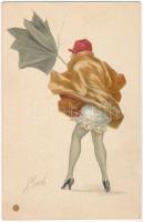 Olasz művészlap. Finoman erotikus hölgy szeles időben / Gently erotic lady with umbrella. Produzione Italiana T.A.M. 7611. litho s: Bondi (?)