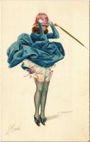 Olasz művészlap. Finoman erotikus hölgy szeles időben / Gently erotic lady in windy weather. Produzione Italiana T.A.M. 7611. litho s: Bondi (?)