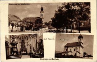 Bakonyszombathely, Fő utca, Evangélikus templom, Római katolikus templom. Hangya szövetkezet kiadása (ázott sarok / wet corner)