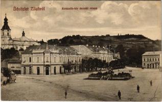 1911 Zilah, Zalau; Kossuth tér északi része, Lengyel Antal üzlete, gyógyszertár. Seres Samu kiadása / square, shops, pharmacy
