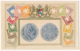 1821-1911 Heil dem Regenten zum 90. Geburtstage. Luitpold von Bayern / 90th Birthday of Luitpold, Prince Regent of Bavaria, German coat of arms, stamps and coins. Emb. litho (ázott / wet damage)