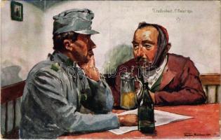 Offizielle Postkarte für das Rote Kreuz, Kriegsfürsorgeamt und Kriegshilfsbüro / WWI Austro-Hungarian K.u.K. military art postcard, soldiers drinking beer s: Mautner (EK)