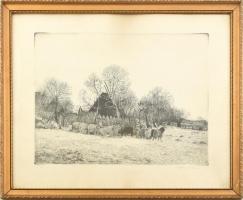 Dudás Jenő (1900-1991): Tél. Rézkarc, papír, jelzett. Lap széle kissé foltos. Üvegezett fakeretben, 29×39 cm