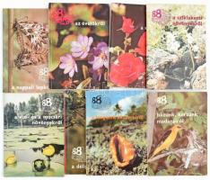 88 színes oldal sorozat 8 kötete: Házunk, kertünk madarairól, a Tengerek ékszereiről, A déligyümölcsökről, A vízi- és a mocsári növényekről, A sziklakerti növényekről, A rózsákról, Az évelőkről, A nappali lepkékről. Bp., 1981-1988., Mezőgazdasági. Kiadói papírkötések.