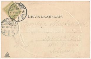 1906 Zimony, Semlin, Zemun; Donau / Dunai kikötő, gőzhajók, uszályok. Verlag Joh. Pulyo. Szecessziós...