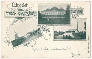 1899 (Vorläufer) Törökkanizsa, Nova Kanjiza, Novi Knezevac; Schulpe kastély, szélmalom, zsilip. Schwarz Antal kiadása / castle, windmill, dam. Art Nouveau, floral (vágott / cut)