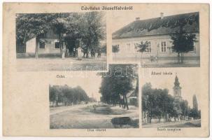 1914 Józseffalva, Torontáljózseffalva, Obilicevo, Josefovo (Törökkanizsa, Nova Kanjiza, Novi Knezevac); üzlet, Állami iskola, utca részlet, Szerb ortodox templom / shop, school, street view, Serbian Orthodox church (fl)