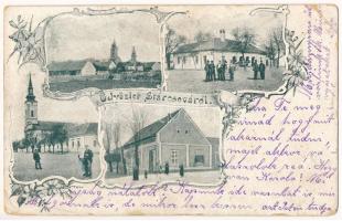 1913 Tárcsó, Sztarcsova, Stárcsova, Starcevo; látkép, tér, templomok, üzlet / general view, square, churches, shop. Art Nouveau, floral (fa)