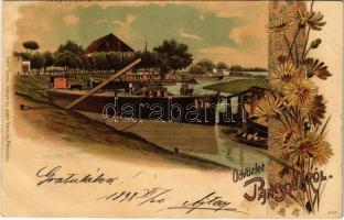 1899 (Vorläufer) Pancsova, Pancevo; kikötő, uszály. Kohn Samu kiadása / port, barge. Art Nouveau, floral, litho (EB)