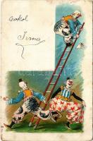 Bohócok, cirkuszi mutatvány / Circus clowns. litho (EK)