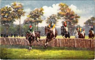 Lóverseny / horse race. Raphael Tuck & Sons Oilette Postcard 9118. Steeplechasing Taking the hurdle