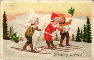 1928 Boldog újévet! Síelő gyerekek télen / New Year winter sport, skiing children. litho (Rb)