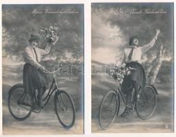 2 db RÉGI képeslap kerékpáros hölggyel / 2 pre-1945 postcards: lady on bicycle
