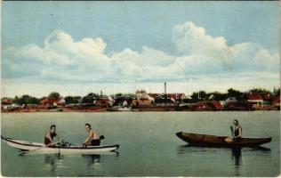 1930 Apatin, Duna-part, evezősök. J. Szavadill kiadása / Dunavska obala / Donau-Ufer / Danube riverside, rowing boats