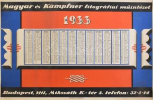1933 Magyar és Kämpfner Litográfiai Műintézete Bp. naptár, plakát, feltekerve, szélén néhány apró szakadással, kisebb törésnyommal, 65,5x41,5 cm