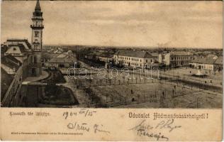 1904 Hódmezővásárhely, Kossuth tér látképe. Grossmann Benedek utóda kiadása + "SZEGED - NAGYVÁRAD 27" vasúti mozgóposta bélyegző (fl)