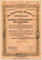 Német Harmadik Birodalom / Berlin 1940. Központi Német Hitelrészvénytársaság 4%-os kölcsönkötvénye 100M-ról, szárazpecséttel, lyukasztással érvénytelenítve T:I- German Third Reich / Berlin 1940. Deutschen Centralbodenkredit Aktiengesellschaft 4% interest bond about 100 Mark with embossed stamp, invalidated with holes C:AU