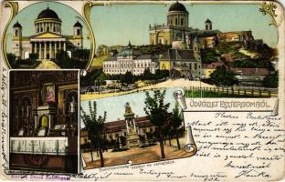 1903 Esztergom, Bazilika, Szentháromság szobor és városháza, Bakács kápolna. Fischer G. (Innsbruck) 21. Art Nouveau, litho (EM)