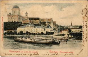 1902 Esztergom, Vártemplom és prímási palota, gőzhajó, hajóállomás. Kardos Dezső kiadása (fl)