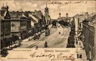 1903 Debrecen, Piac utca (felső rész) a Debreczeni Helyi Vasút Rt. (DHV) kisvasútjával, városi vasút, kávéház, üzletek. Pongrácz Géza kiadása (EK)