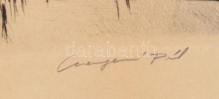 Csergezán Pál (1924-1996): Vízparti táj. Rézkarc, papír, jelzett. 17×25 cm