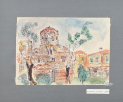 Legány Zoltán (1911-1993): Neszebár, Bulgária, 1970. Akvarell, filctoll, papír, jelzett, kartonra kasírozva. Feltehetően kiállítva: Magyar Építőművészek Szövetsége, egyéni gyűjteményes kiállítás, 1989. 18,5×26 cm / waterolour and felt pen on paper, signed, mounted on cardboard