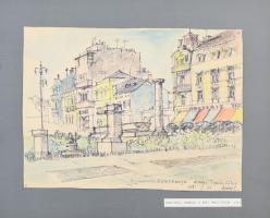 Legány Zoltán (1911-1993): Konstancas (Constanta), a régi Tomis főtere, 1971. Akvarell, filctoll, papír, jelzett, kartonra kasírozva. Feltehetően kiállítva: Magyar Építőművészek Szövetsége, egyéni gyűjteményes kiállítás, 1989. 24×33 cm / waterolour and felt pen on paper, signed, mounted on cardboard